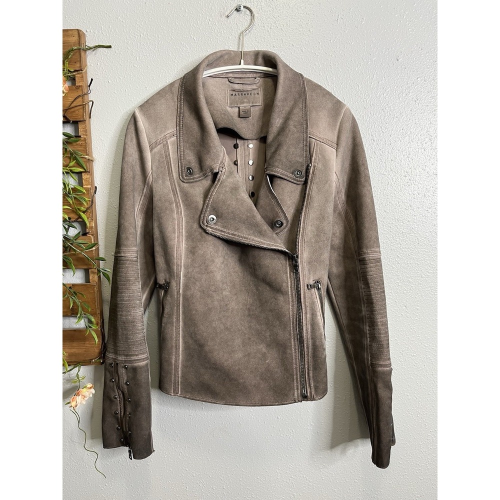 Marrakech Faux Suede Asymmetrical Zip Gray Taupe Jacket Size S‎